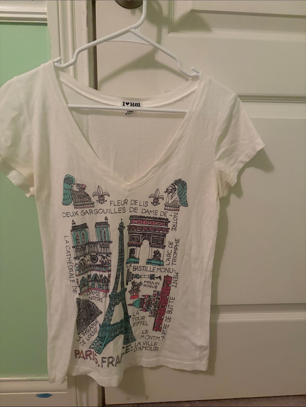 White V-Neck Paris Graphic Tee with Teal & Black Accents